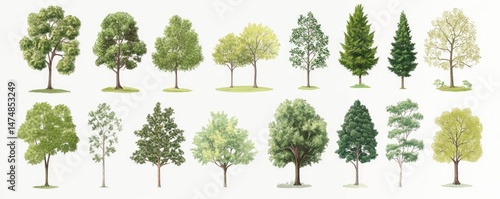 Diverse collection of various tree types displayed against a plain background.  Different shapes, sizes, and shades of green foliage are evident