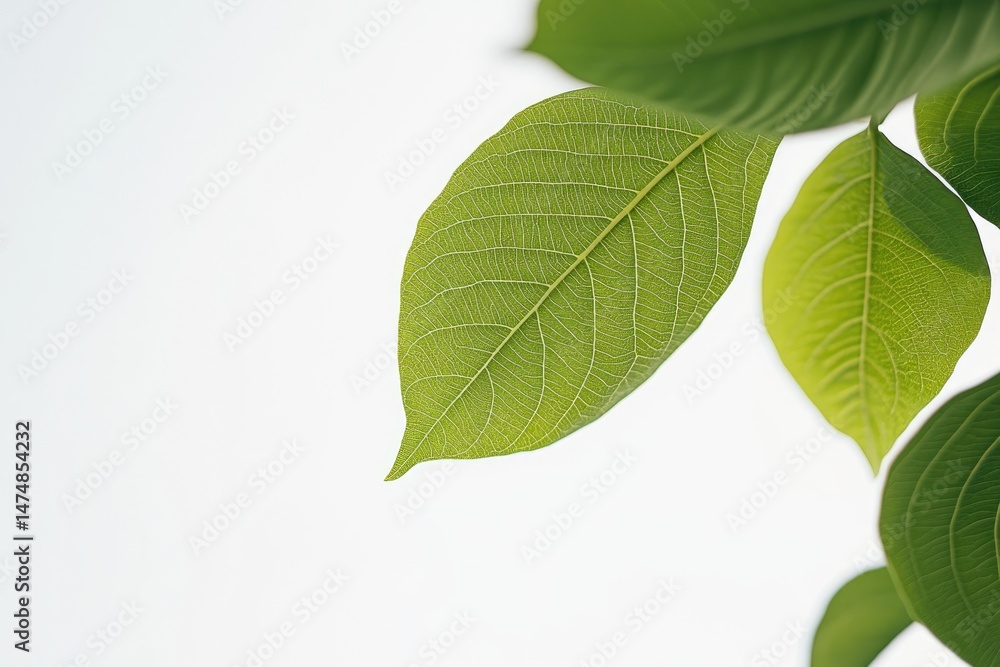 Close-up of vibrant green leaves against a bright white background. Veined leaves, fresh and healthy. Natural light Close-up of vibrant green leaves against a bright white background. Veined leaves, fresh and healthy. Natural light