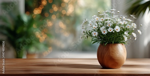Fresh White Flowers in a Wooden Bowl on a Table With a Blurred Background of ...