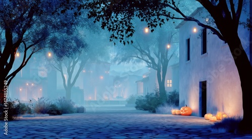 Eerie Autumn Night in a Quiet Village With Glowing Pumpkins and Soft Blue Light