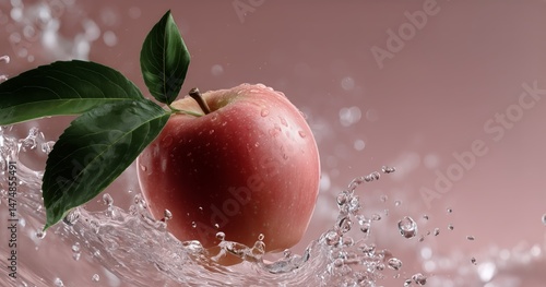 Fresh Apple Splashing in Water With Droplets Against Soft Pink Background