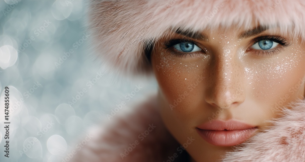 Captivating Winter Portrait of a Young Woman With Stunning Blue Eyes and Soft Pink Hat Captivating Winter Portrait of a Young Woman With Stunning Blue Eyes and Soft Pink Hat