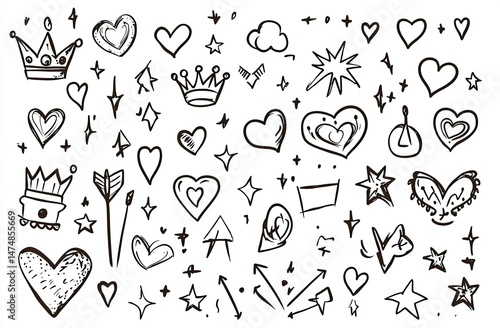 Collection of hand-drawn doodles, including hearts, crowns, stars, arrows, and other playful elements