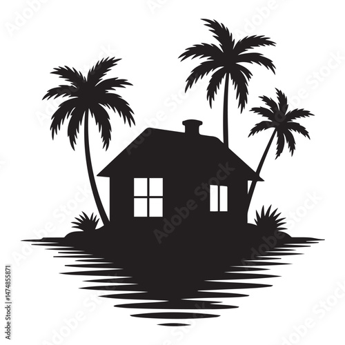 A silhouette house is in the water and palm trees Vector Black silhouette. with white background