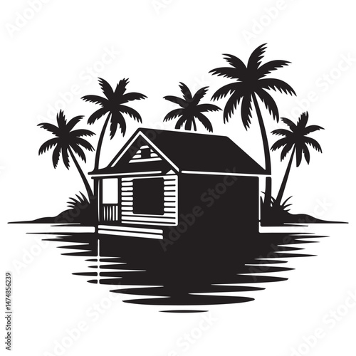 A silhouette house is in the water and palm trees Vector Black silhouette. with white background