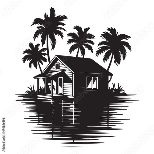 A silhouette house is in the water and palm trees Vector Black silhouette. with white background