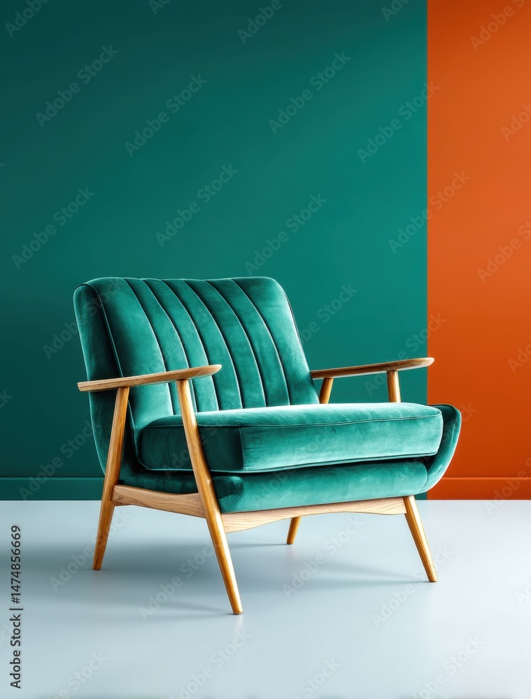 Fototapeta premium Green Armchair with Wooden Frame and Colorful Background