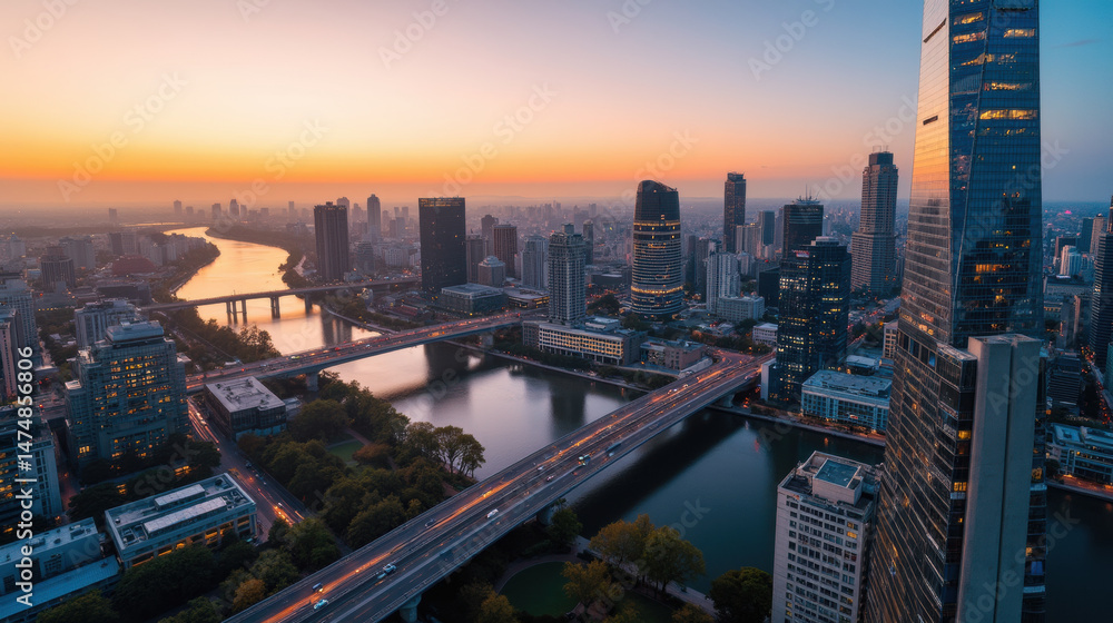 Fototapeta premium stunning cityscape at sunset, showcasing skyscrapers, river, and bridges, creating serene yet vibrant atmosphere