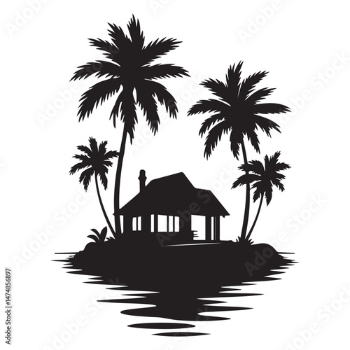 A silhouette house is in the water and palm trees Vector Black silhouette. with white background