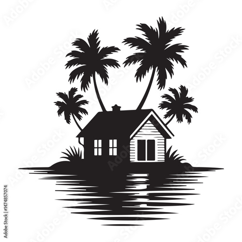 A silhouette house is in the water and palm trees Vector Black silhouette. with white background