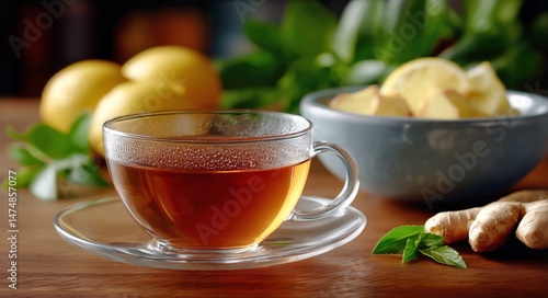 Refreshing Ginger Tea With Lemon and Honey on a Wooden Table Surrounded by Gr...