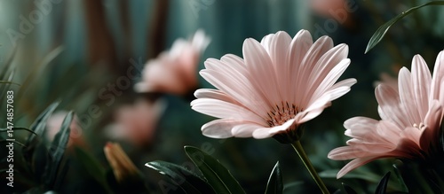 Pink Daisies Bloom in a Serene Garden Setting During Late Afternoon Sunlight