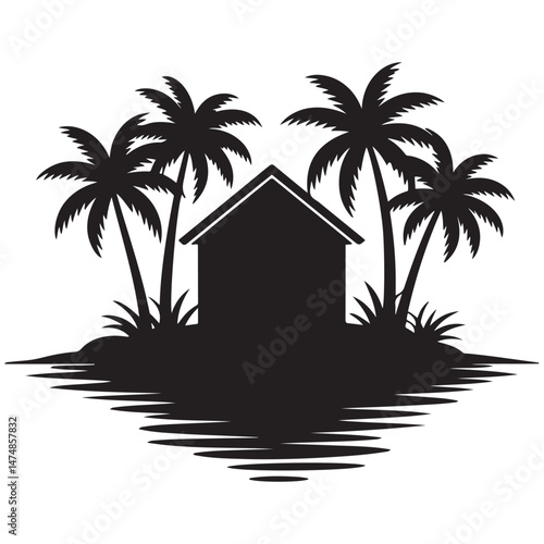 A silhouette house is in the water and palm trees Vector Black silhouette. with white background