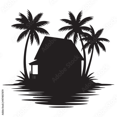 A silhouette house is in the water and palm trees Vector Black silhouette. with white background
