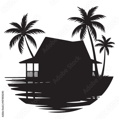 A silhouette house is in the water and palm trees Vector Black silhouette. with white background