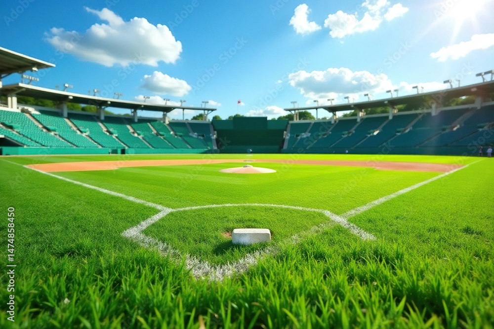 Obraz premium Empty baseball field on a sunny day, green grass, white lines visible , wide shot, empty, baseball diamond