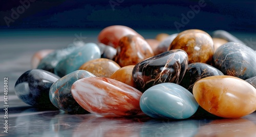 Beautiful Collection of Polished Stones in Various Colors Displayed on a Refl...