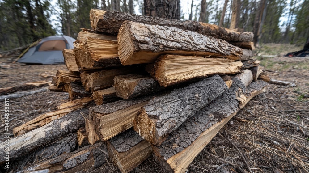 Pile of firewood in a forest. the firewood is stacked on top of each other and appears to be freshly cut. Pile of firewood in a forest. the firewood is stacked on top of each other and appears to be freshly cut.