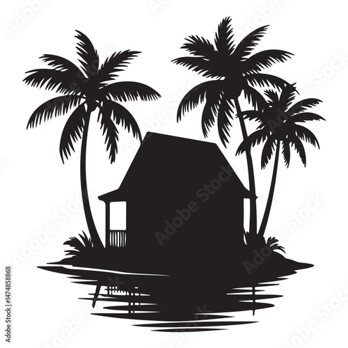 A silhouette house is in the water and palm trees Vector Black silhouette. with white background