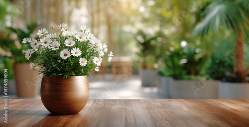 Beautiful White Daisies in a Wooden Pot Placed on a Table in a Lush Garden Du...