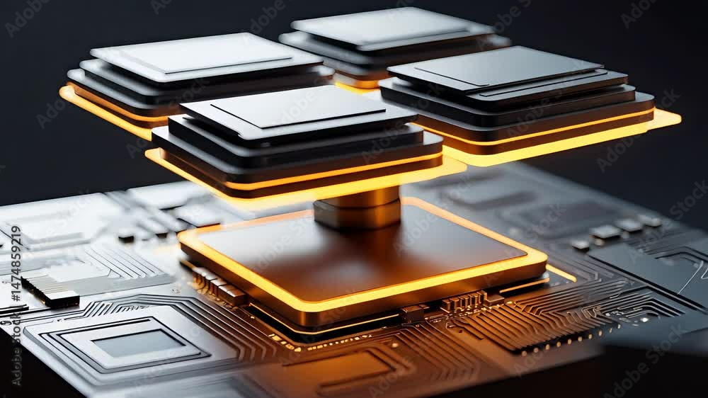 Futuristic Microchip Stack with Glowing Orange Edges on Circuit Board in High Tech Digital Environment Futuristic Microchip Stack with Glowing Orange Edges on Circuit Board in High Tech Digital Environment