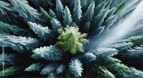 Forest Canopy View Revealing a Single Green Tree Standing Tall Amidst Dense E...