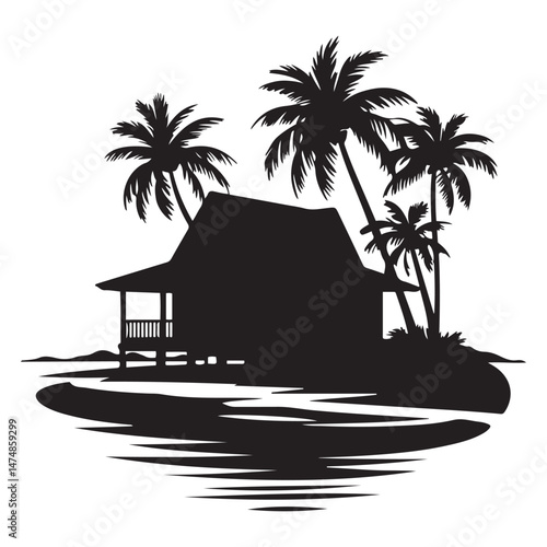 A silhouette house is in the water and palm trees Vector Black silhouette. with white background