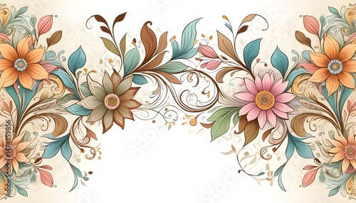 Elegant digital illustration of a floral border frame in teal green, adorned with 3D rendered blossoms, small hearts, and a butterfly perched on the top corner, high-definition 8K with clear backgroun