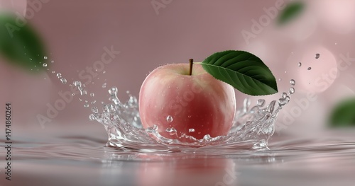 Fresh Apple Splashing in Water With Droplets Against Soft Pink Background