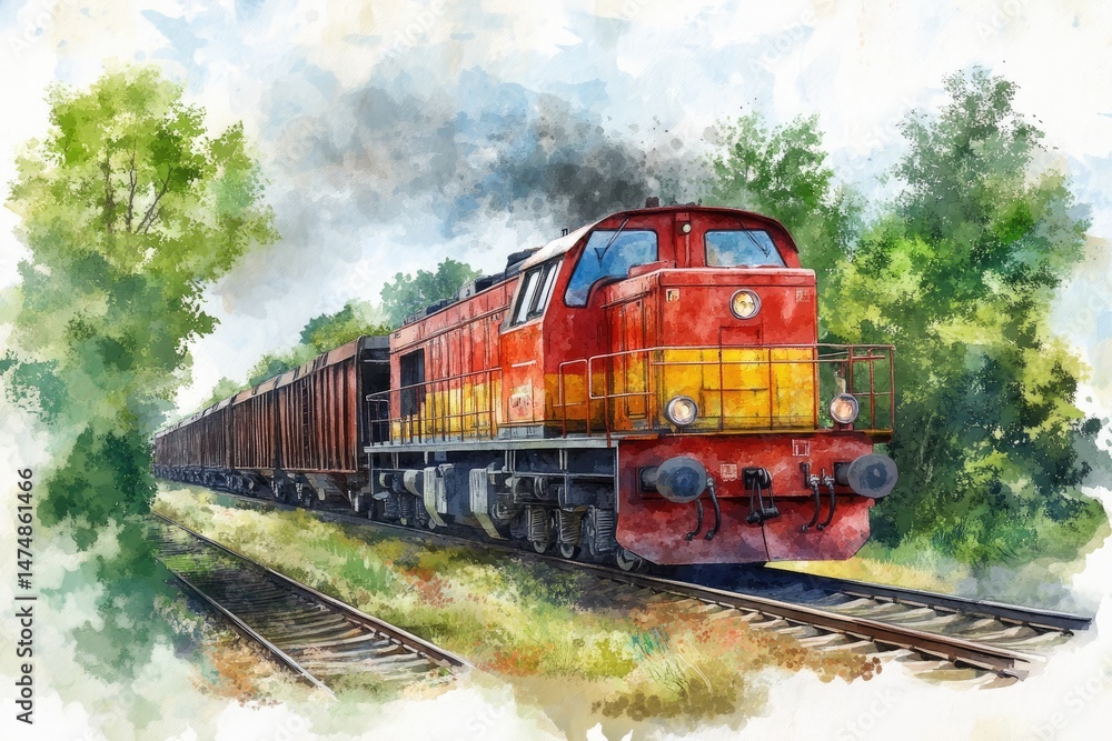 Fototapeta premium Freight train through lush landscape