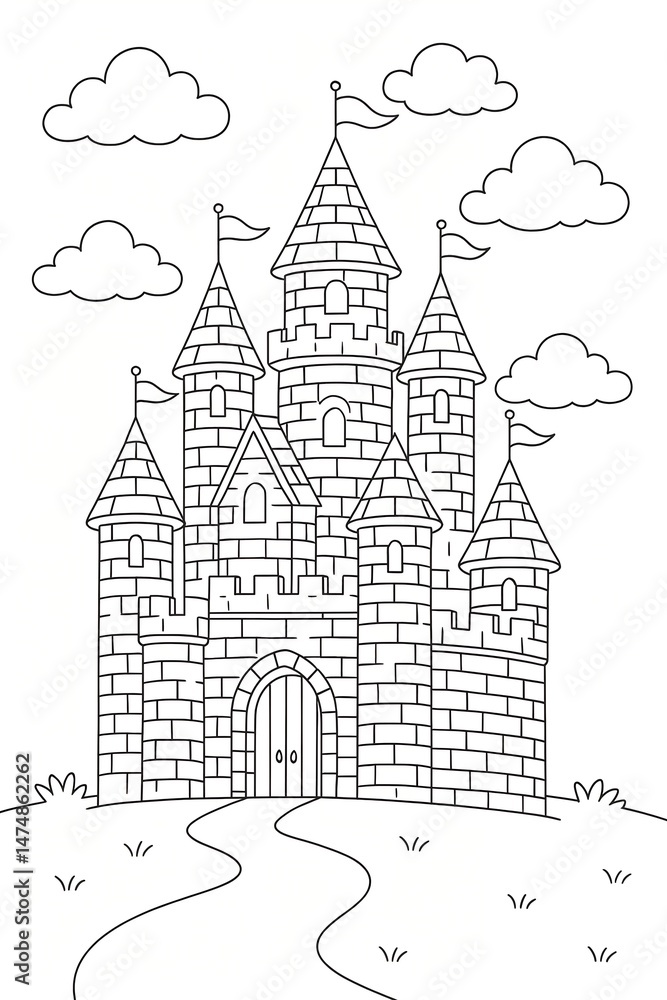 Naklejka premium Fairytale Castle Coloring Page – Detailed Design for Kids