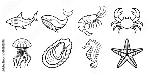 set of aquatic animals,whale,prawn,oyster,see horse,shark,star fish,jelly fish lineart design,