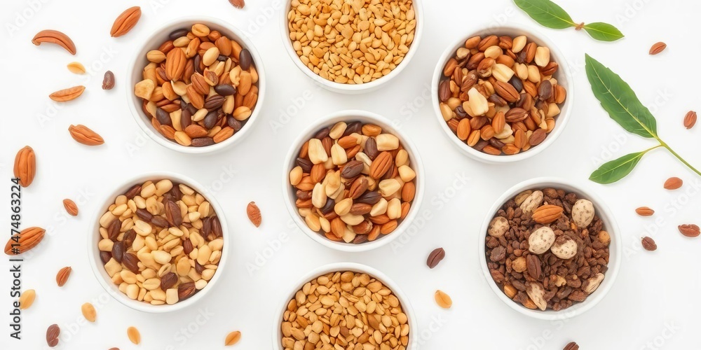Organic nut & seed superfood mix in bowls, white background Healthy eating concept, fiber, organic Organic nut & seed superfood mix in bowls, white background Healthy eating concept, fiber, organic