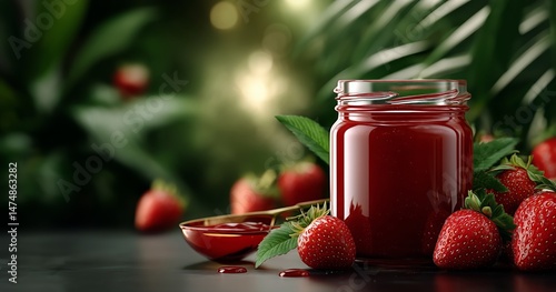 Fresh Strawberries and Jam in a Natural Setting With Green Foliage