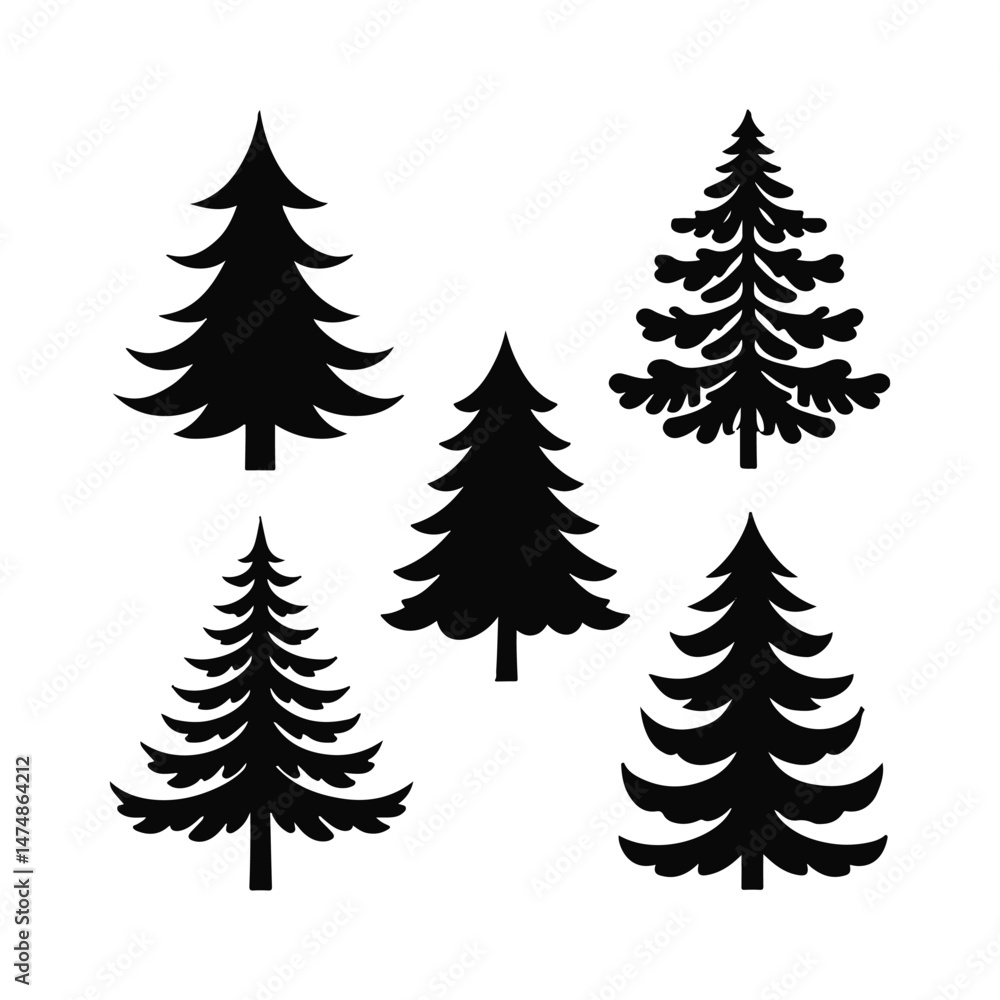 Fototapeta premium Collection of Black Silhouette Pine Trees Simple Christmas Tree Icons