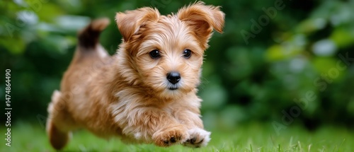 Playful Puppy Leaps Joyfully Across Green Grass in a Sunny Garden
