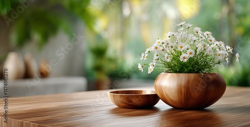 Fresh White Flowers in a Wooden Bowl on a Table With a Blurred Background of ...