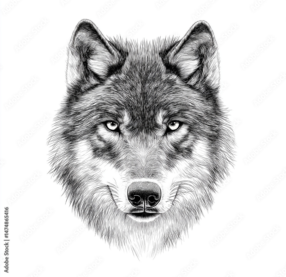 Fototapeta premium Black and white drawing of a wolf's face, clipart-style, with a white background.