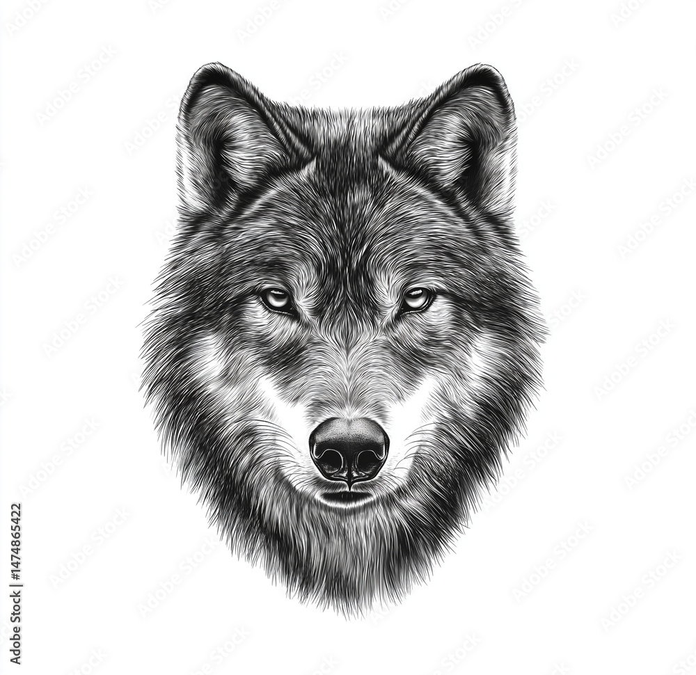 Black and white drawing of a wolf's face, clipart-style, with a white background. Black and white drawing of a wolf's face, clipart-style, with a white background.