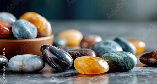 Colorful Polished Stones Displayed on a Table With a Bowl of Similar Stones i...