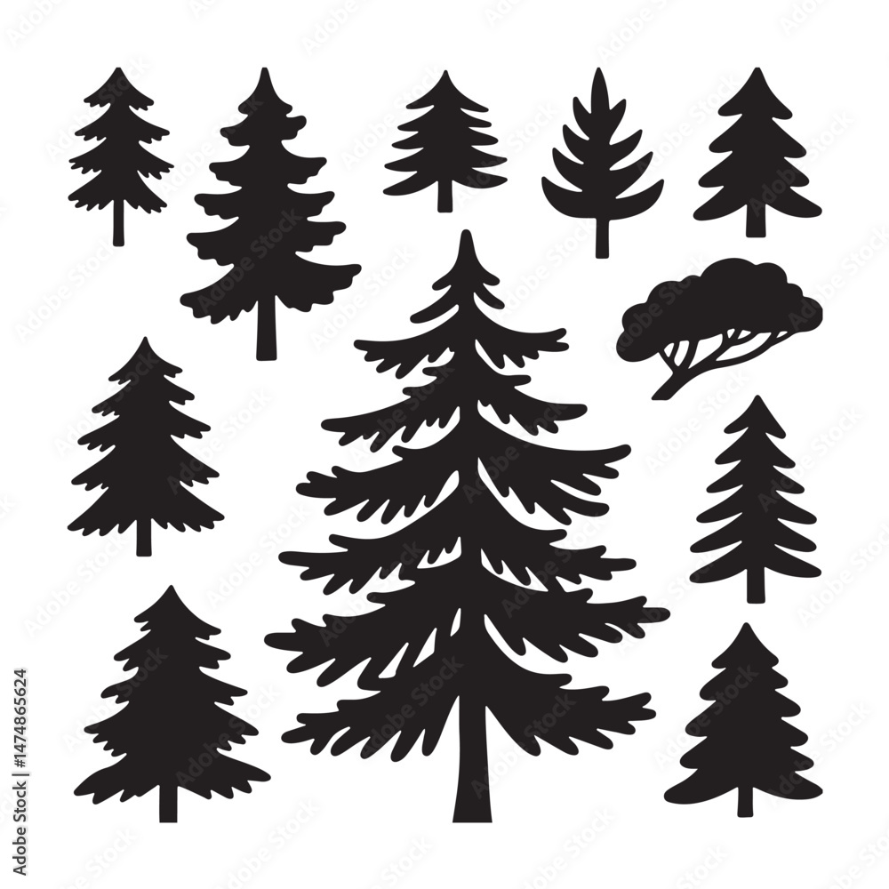 Obraz premium Collection of Black Silhouette Pine Trees Forest Clipart