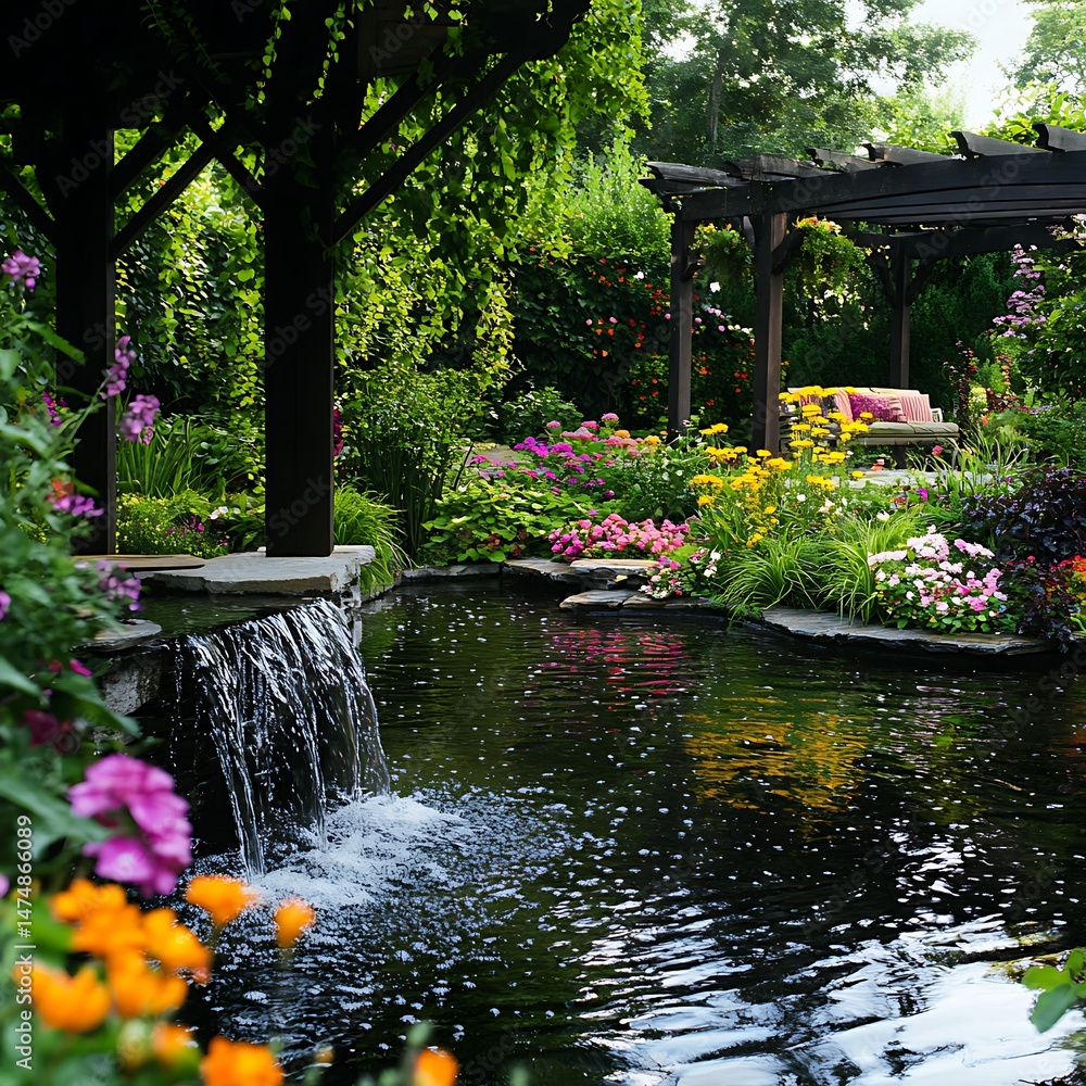 Fototapeta premium Serene Pergola and Waterfall in Tranquil Garden with Soft Sunlight high resolution picture