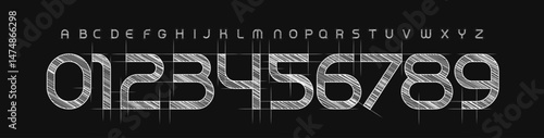 Architecture Number and Letter Font, Hatching Technical Blueprint Alphabet for Headline and Logo type. Schematic Typography Design. Vector typeset.