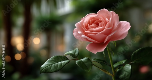 Delicate Pink Rose Blooming in a Lush Greenhouse Setting With Tropical Plants
