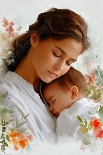 Mother Embraces Sleeping Baby Among Soft Floral Background in a Serene Moment...