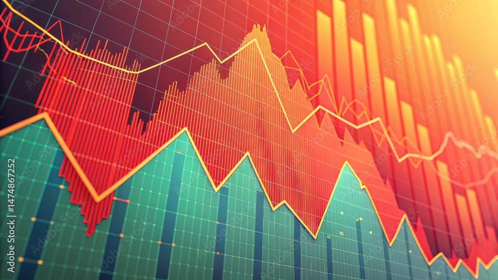 Naklejka premium Colorful financial graphs with fluctuating lines and bar charts depicting market trends, analysis, and data visualization on a digital background.
