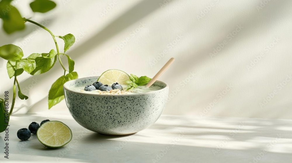 Bowl of oatmeal with a wooden spoon in it. the bowl is white with black speckles and is placed on a light grey surface. Bowl of oatmeal with a wooden spoon in it. the bowl is white with black speckles and is placed on a light grey surface.