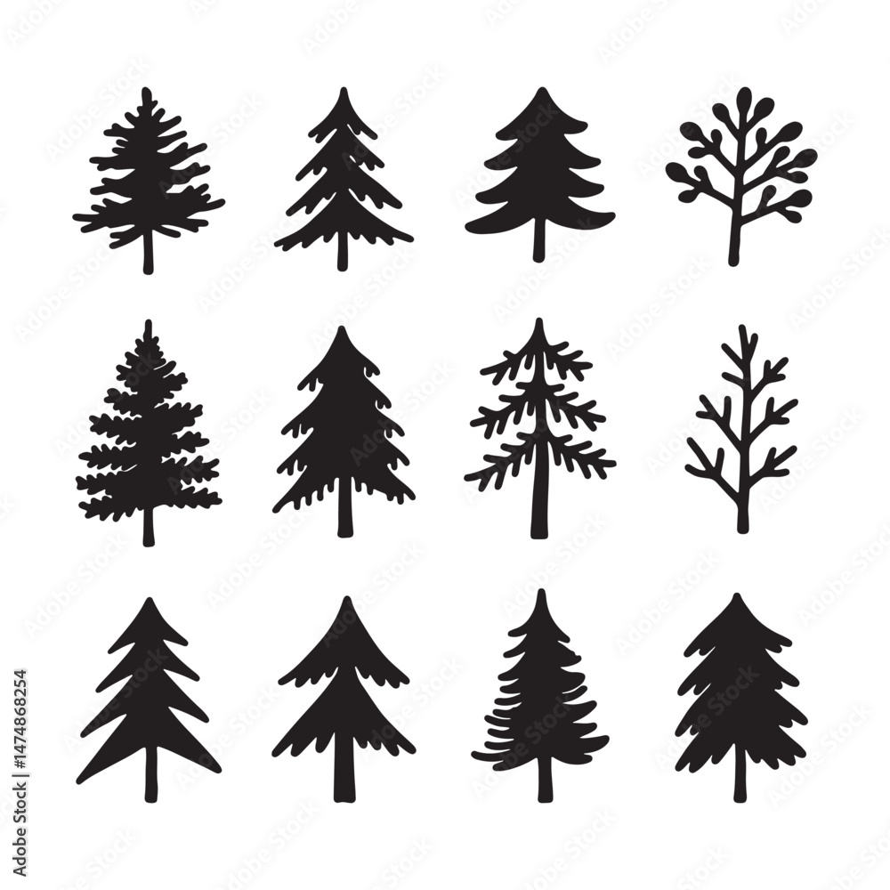 Fototapeta premium Collection of Hand-Drawn Evergreen Tree Silhouettes Perfect for Design Projects