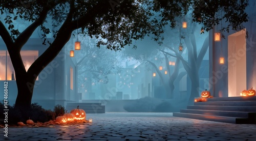 Eerie Autumn Night in a Quiet Village With Glowing Pumpkins and Soft Blue Light