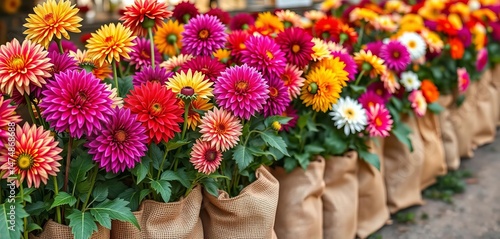 Wallpaper Mural Rows of vibrant dahlia flowers adorned with small burlap sacks, stock photo, sacks Torontodigital.ca